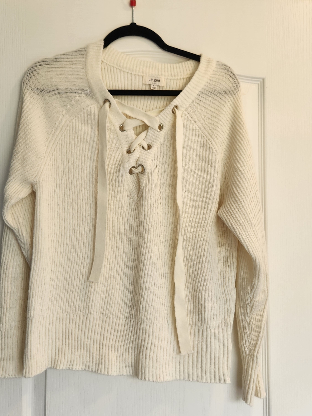 Umgee Cream Lace-Up Ribbed Knit Pullover L Euc